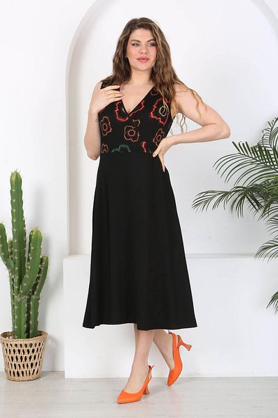 Mooi XXL Model floral neon negru - Rochie de damă la două piepturi cu detaliu de țevi