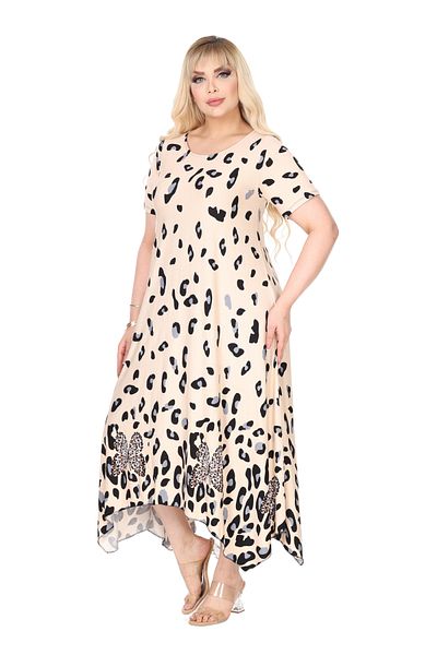 MELSAY Women's Plus Size Short Sleeve Asymmetrical Beige Juicy Leopard Print Dress