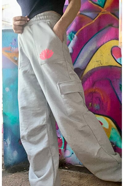 satya Light Gray Lotus Printed Cargo Pocket Tracking Pants