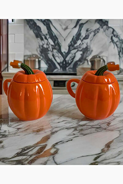 Woodcept Ceramic Pumpkin Cup - 2 Pack with Lids, 225 Ml, Pumpkin Design