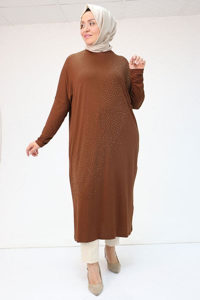 Eslina 58019 Large Size Stone Printed Combed Cotton Tunic - Brown