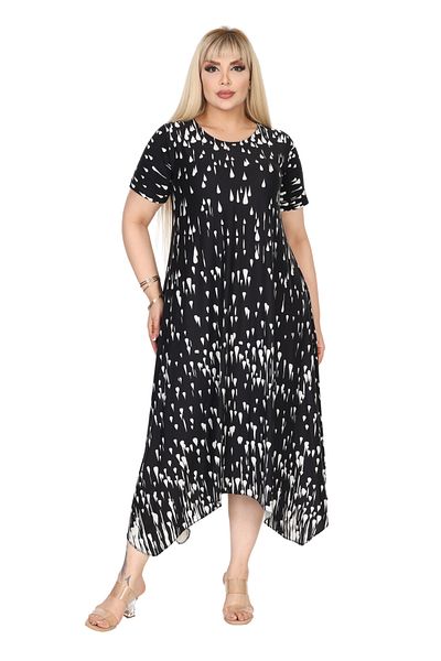 MELSAY Women's Short Sleeve Asymmetrical Black and White Oil Painting Pattern Plus Size Dress