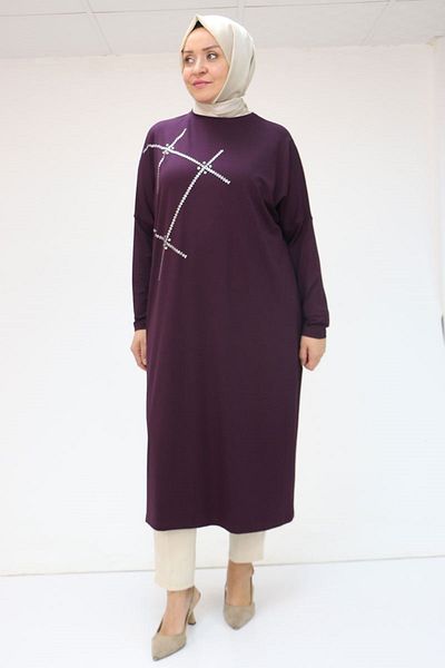 Eslina 58020 Plus Size Stone Printed Combed Cotton Tunic - Purple