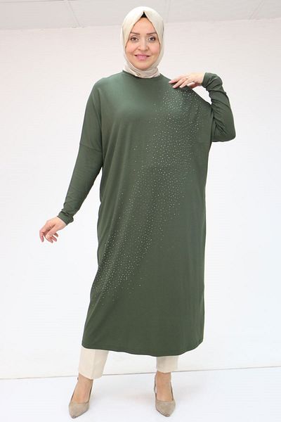 Eslina 58019 Plus Size Stone Printed Combed Cotton Tunic - Khaki