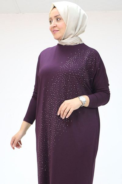 Eslina 58019 تونيك قطن ممشط كبير الحجم مطبوع عليه حجر أمامي - أرجواني