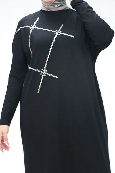 Eslina 58020 Plus Size Stone Printed Combed Cotton Tunic - Black