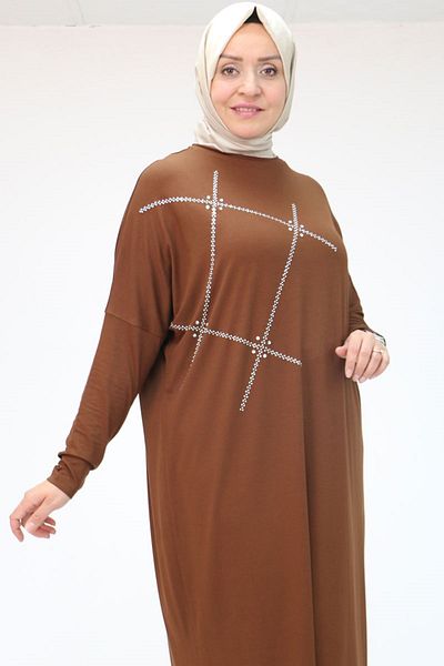 Eslina 58020 Plus Size Stone Printed Combed Cotton Tunic - Brown