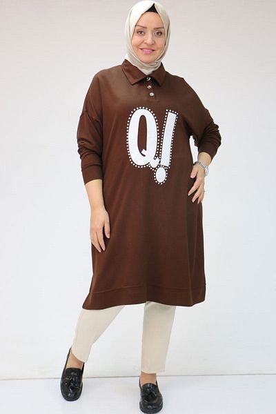 Eslina 48071 Large Size Men's Printed Crystal Tunic with Collar - Brown