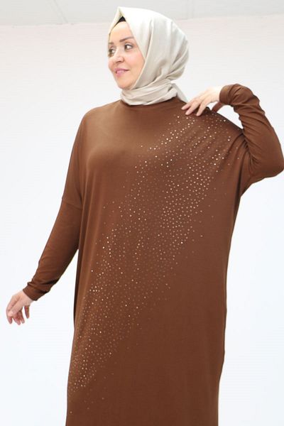 Eslina 58019 Large Size Stone Printed Combed Cotton Tunic - Brown
