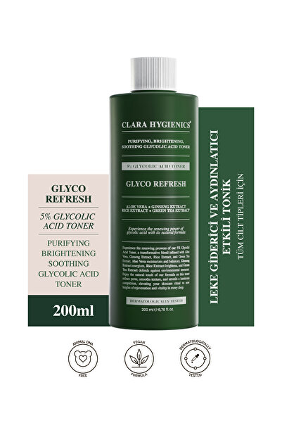 Clara Hygienics Glyco Refresh %5 Glikolik Asit Tonik 200ml - Leke Karşıtı Aydınlatıcı Yenileyici Vegan (Yüz - Vücut)