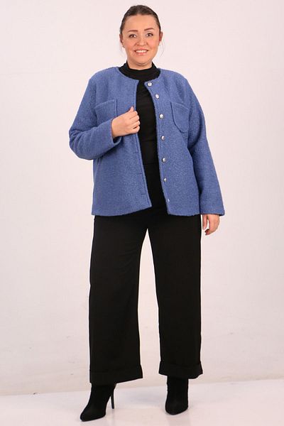 eslamood 33110 Μπουφάν με κουμπιά με σγουρό αρνί Plus Size-Indigo