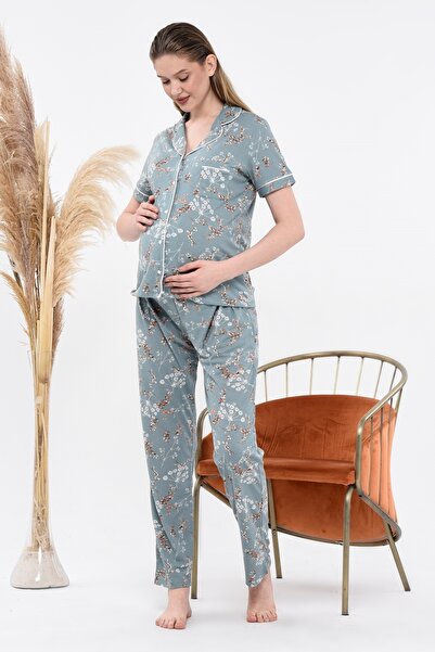 LadyMina Pijama Σετ Πυτζάμες Εγκυμοσύνης και Μητρότητας Πράσινο Floral Lounge