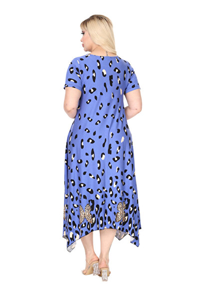 MELSAY Rochie de damă cu mâneci scurte, asimetrică, albastră, cu imprimeu leopard apos