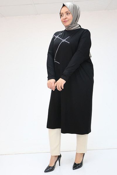 Eslina 58020 Plus Size Stone Printed Combed Cotton Tunic - Black