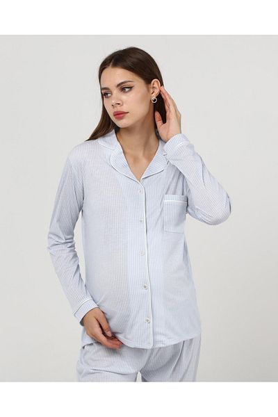 LadyMina Pijama Set de pijamale duble pentru maternitate și maternitate cu dungi albastre