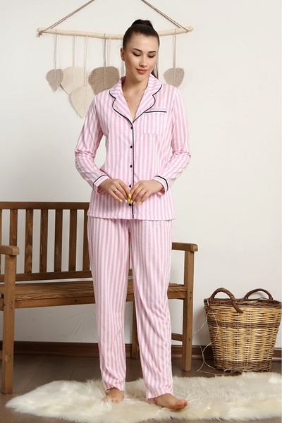 LadyMina Pijama Růžová a bílá pruhovaná sada pyžama Lounge Double
