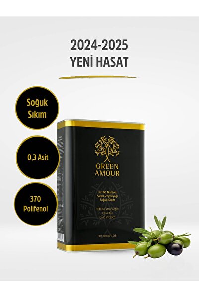 Green Amour 3 Litre Soğuk Sıkım 0,3 Asit 370 Polifenol %100 Natürel Sızma Zey...