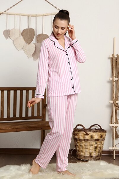 LadyMina Pijama Růžová a bílá pruhovaná sada pyžama Lounge Double