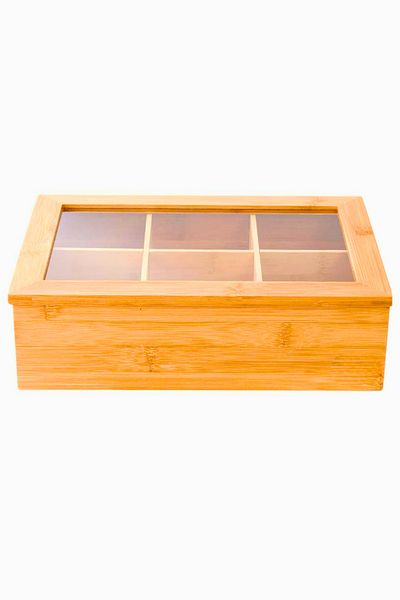 Woodcept 6 Compartments Clear Bamboo Sachet Tea Storage Organizer Box, Bamboo Accessory Jewelry Organizer Box