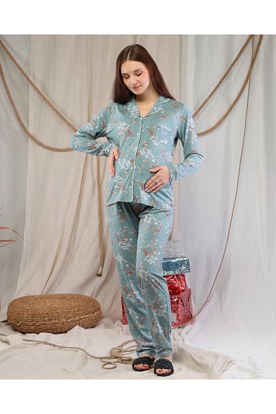 LadyMina Pijama Pregnant and Maternity Floral Patterned Linen Piping Pajamas Set