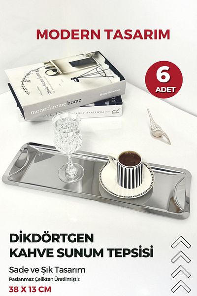 FİTHOME 6 Pcs Rectangular Stainless Coffee Presentation Tray Modern Design