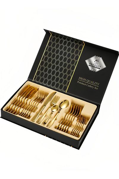 fulina 24-Piece Stainless Steel Cutlery Set, Western Style Eco-Friendly Dishwasher Safe, Gold