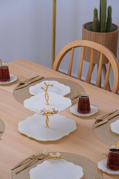 Glore Dolmabahçe Lotus Cream Gold Gilded 25 Piece Cake Set for 6 People