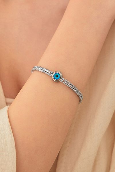 Fulla Moda Waterway Steel Bracelet with Evil Eye Bead Detail