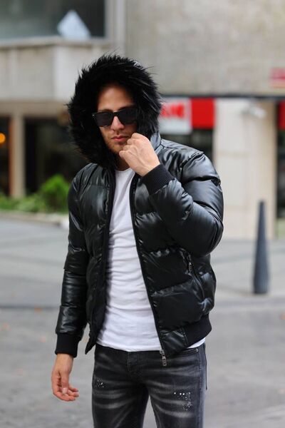 Cousens Erkek Kürk Kapüsonlu Şişme Parlak Deri Mont