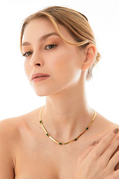 Fulla Moda Rectangular Stone Italian Chain Steel Necklace