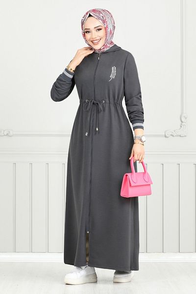 ModaMerve Φούστα Hijab με λεπτομέρεια από πέτρα ανθρακί - 1977FON1064-M