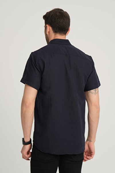 G-FOX Ανδρικό πουκάμισο από βαμβακερό λινό με κανονική εφαρμογή - τσέπη, γιακάς με κουμπιά, κοντό μανίκι 2518