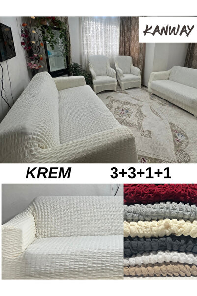 kanway 3+3+1+1 Bürümcük Koltuk takımı Örtüsü. Boydan Eteksiz Streç Esnek last...