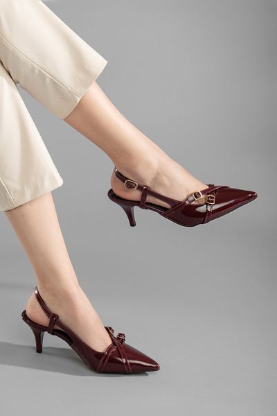 camaiore Women's Burgundy Patent Leather Cross-Strapped New Season Short Heeled Shoes