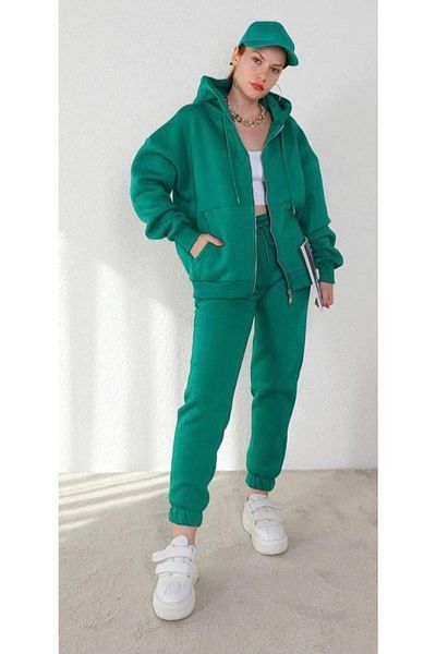 aynewmoda Women's Plus Size Hooded Full Zipper Winter Tracksuit Set