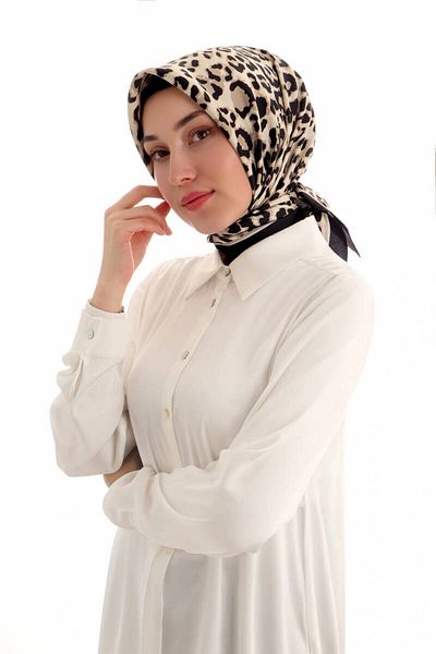Bursa İpek Μπεζ Leopard Pattern Twill Silk Φουλάρι