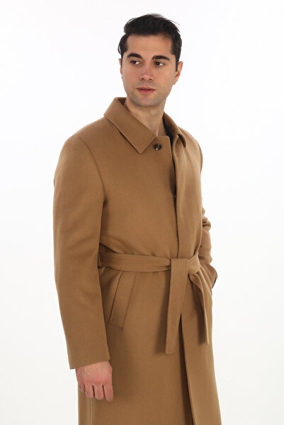 ŞAN GİYİM Men's Brown Baby Collar Belted Long Coat