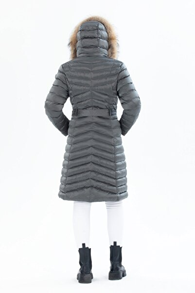 G-FOX Γυναικείο μακρύ αφαιρούμενο παλτό από φυσική γούνα με κουκούλα με επένδυση μέσης αδιάβροχο πουπουλένιο παλτό 8529