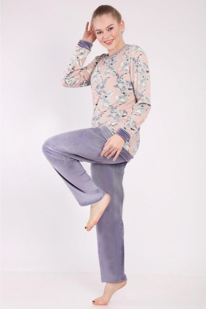 DOFİ Kadın Mor Süper Soft Pijama Takımı Tavşan Desenli
