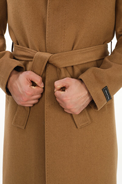 ŞAN GİYİM Men's Brown Baby Collar Belted Long Coat