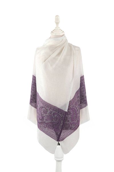 Bursa İpek Purple Border Patterned Wool Shawl