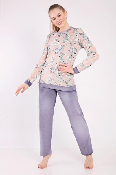 DOFİ طقم بيجامة نسائي أرجواني فائق النعومة بنقشة أرنب