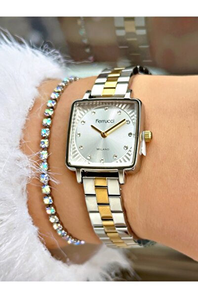 Ferrucci Taş Rakamlı Gold Gümüş Kare Metal Kadın Kol Saati