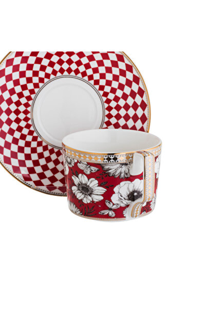 HIC Porcelain Tea Cup Set Red Color With Gold Set Of 2 Cups