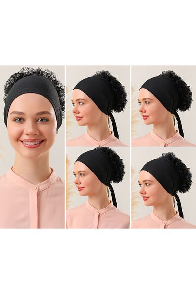 Melodi Scarf 5-Piece Black Hijab - Ruffled and Stitched Bonnet