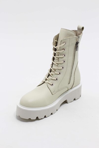 lizel Lopez Ekru Renk Gerçek Deri Bağcıklı Kadın Postal Bot