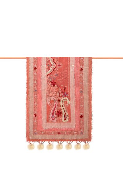 Bursa İpek Salmon Three Layers Washed Wool Pompom Shawl