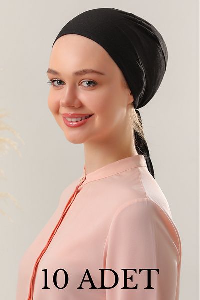 Melodi Scarf Women's Hijab Seamless Set Bonnet Black 10Pcs Laced Combed Cotton Bonnet