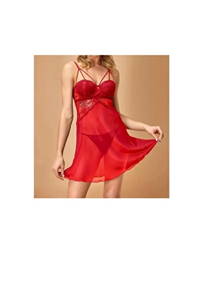 ROZELT Kadın Kırmızı Kaplı Şifon Gecelik N.UR.5.4.R.O.3.6.Z.E.L.T.