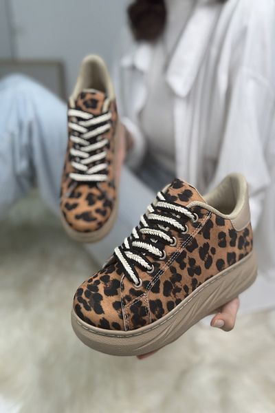 Nstil Dámské tenisky s leopardím vzorem na šněrování na vysokém tlustém podpatku – oválná špička 313